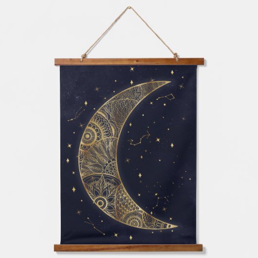 Celestial Gouden Maan Esthetisch Hangend Wandkleed (Voorkant)