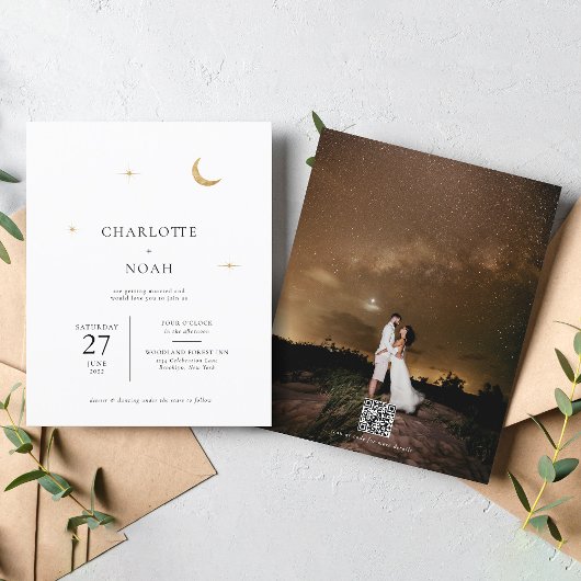 Celestial Gouden Maan Sterren Foto QR Code Bruilof