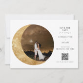 Celestial Gouden Maan Sterren Foto QR Code Bruilof Save The Date (Achterkant)
