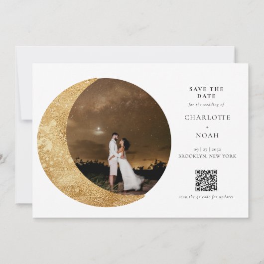 Celestial Gouden Maan Sterren Foto QR Code Bruilof Save The Date (Achterkant)