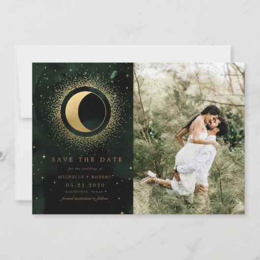 Celestial Gouden Maan Twee foto Opslaan De Datum Kaart (Voorkant)