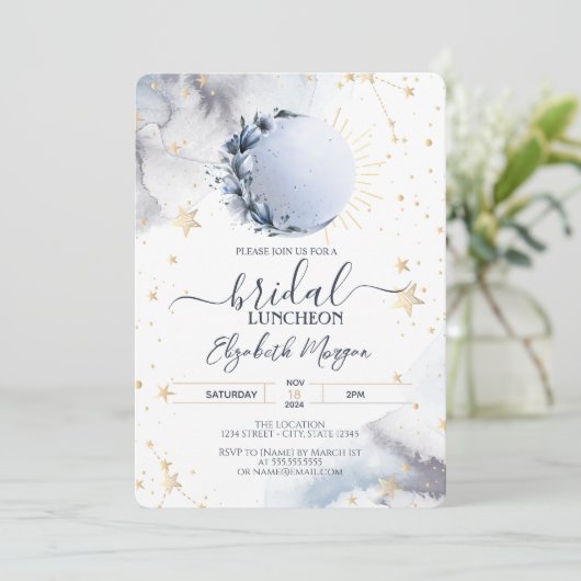 Celestial gouden zon, blauwe maan, sterren bruids  kaart (Staand voorkant)