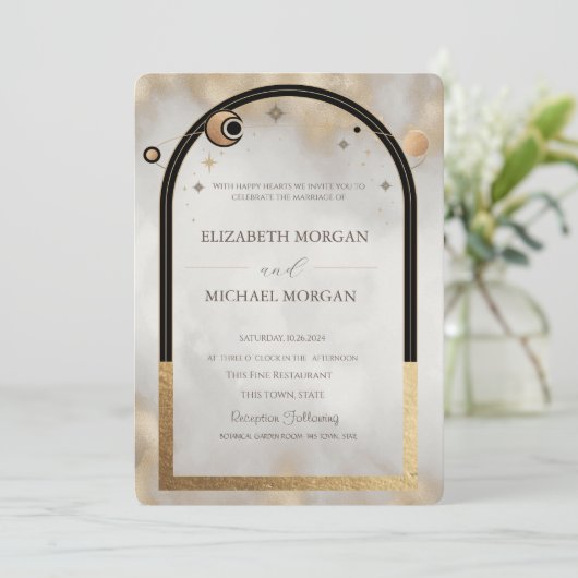Celestial gouden zon en maan Galaxy bruiloft Kaart (Staand voorkant)