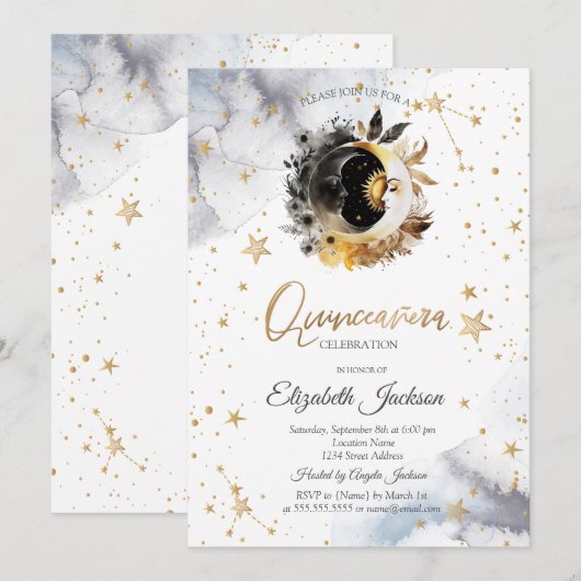Celestial gouden zon, maan, sterren bloem quincean kaart (Voorkant / Achterkant)