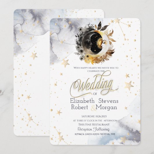 Celestial Gouden Zon, Maan, Sterren Bloemen Bruilo Kaart (Voorkant / Achterkant)