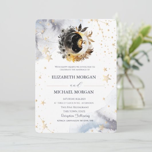 Celestial Gouden Zon, Maan, Sterren Bloemen Bruilo Kaart (Staand voorkant)