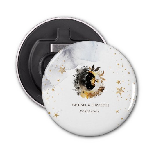 Celestial gouden zon, maan, sterren bloemen button flesopener (Voorkant)