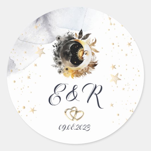 Celestial gouden zon, maan, sterren bloemen ronde sticker (Voorkant)