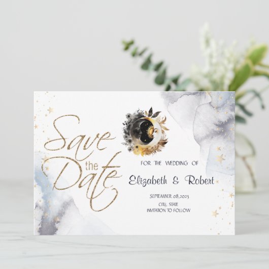 Celestial gouden zon, maan, sterren bloemen save the date (Staand voorkant)