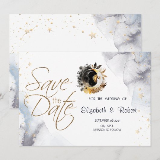 Celestial gouden zon, maan, sterren bloemen save the date (Voorkant / Achterkant)