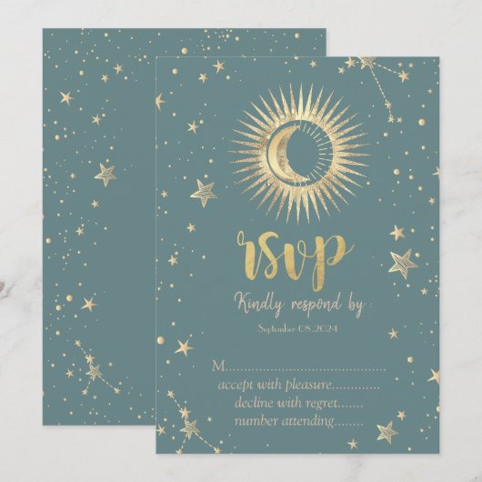 Celestial Gouden Zon Maan Sterren Mint Groen RSVP Kaart (Voorkant / Achterkant)