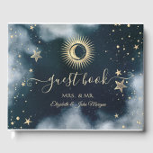 Celestial gouden zon, maan, sterren nacht hemel gastenboek (Voorkant)