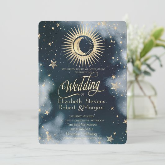 Celestial gouden zon, maan, sterren nacht hemel kaart (Staand voorkant)