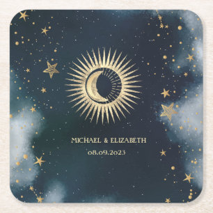 Celestial gouden zon, maan, sterren nacht hemel kartonnen onderzetters