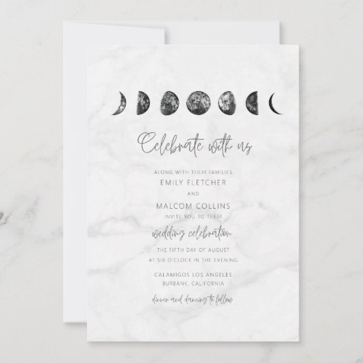 Celestial Gray Marble Moon Phases Wedding Kaart (Voorkant)