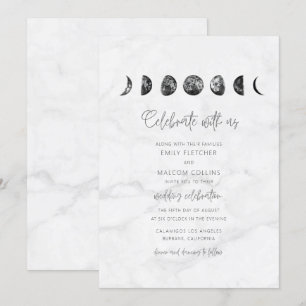 Celestial Gray Marble Moon Phases Wedding Kaart