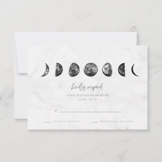 Celestial Gray Marble Moon Phases Wedding RSVP (Voorkant)