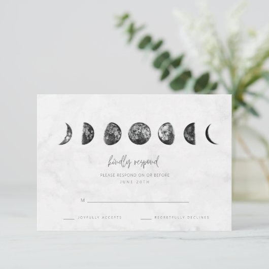 Celestial Gray Marble Moon Phases Wedding RSVP (Staand voorkant)