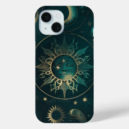 Celestial Green and Gold: Elegante telefoonhoes iPhone 15 Case