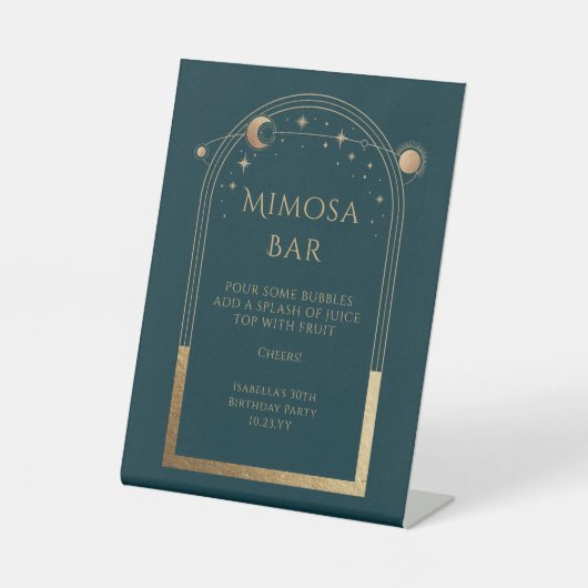 Celestial Green Gold Mimosa Bar Sun Moon Stars Reclamebord Met Voetstuk (Voorkant)