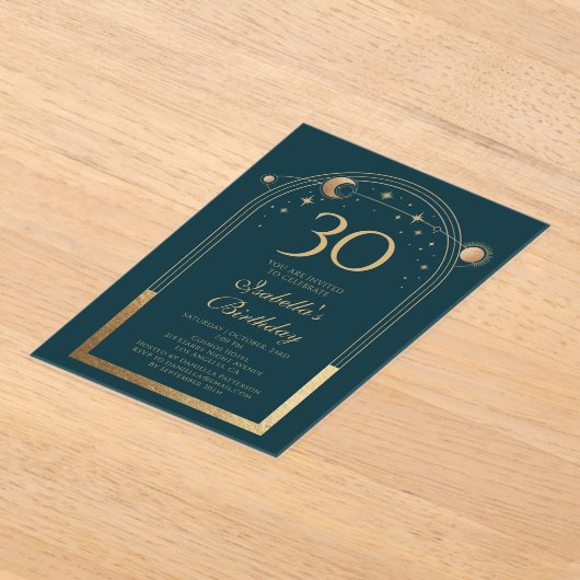 Celestial Green Gold Sun Moon Stars 30e verjaardag Acryl Uitnodigingen (Laagn)