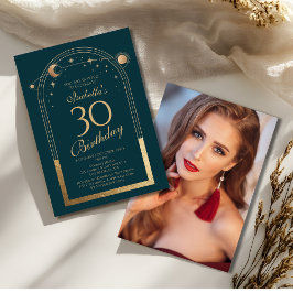 Celestial Green Gold Sun Moon Stars 30e verjaardag Kaart
