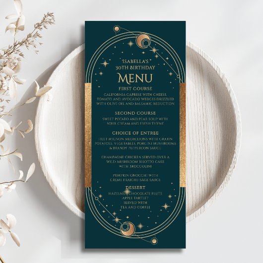 Celestial Green Gold Sun Moon Stars 30e verjaardag Menu