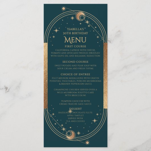 Celestial Green Gold Sun Moon Stars 30e verjaardag Menu (Voorkant)