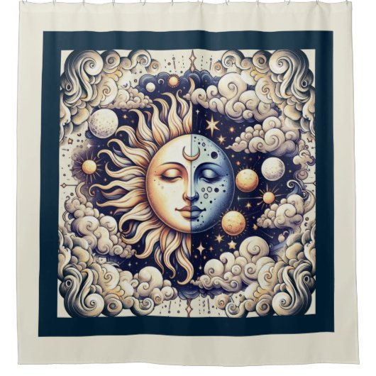  Celestial Half Sun & Moon Blue Yellow Douchegordijn (Voorkant)