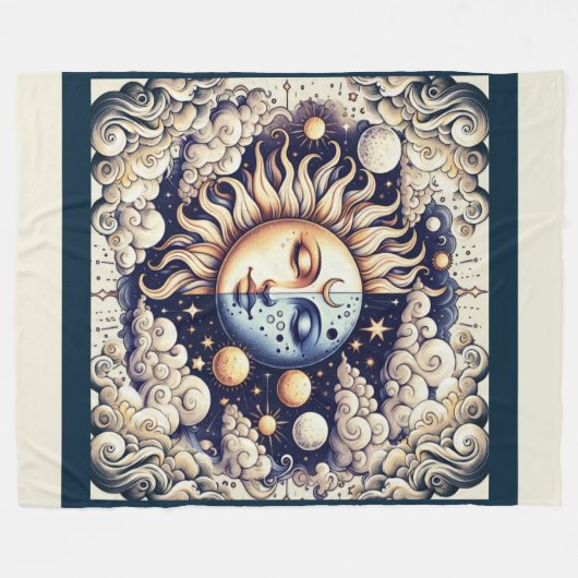 Celestial Half Sun & Moon Blue Yellow Fleece Deken (Voorkant (Horizontaal))