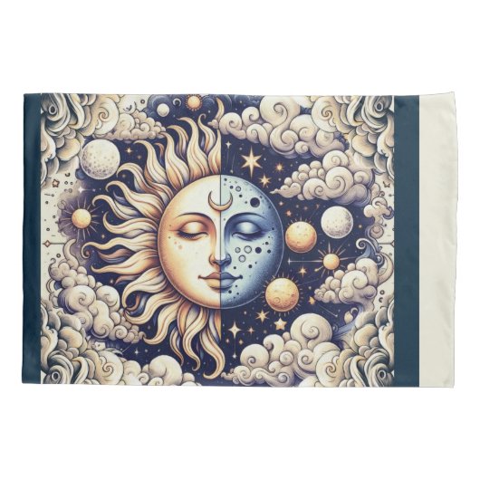 Celestial Half Sun & Moon Blue Yellow Kussensloop (Achterkant)