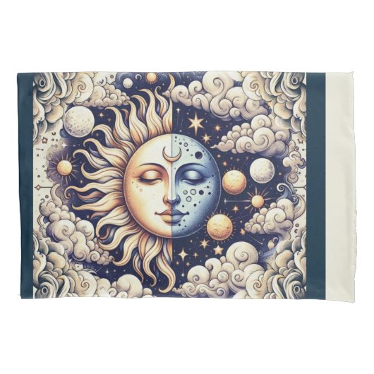Celestial Half Sun & Moon Blue Yellow Kussensloop (Voorkant)