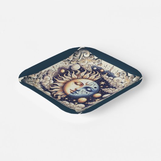 Celestial Half Sun & Moon Blue Yellow Papieren Bordje (Gebogen)