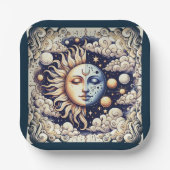  Celestial Half Sun & Moon Blue Yellow Papieren Bordje (Voorkant)