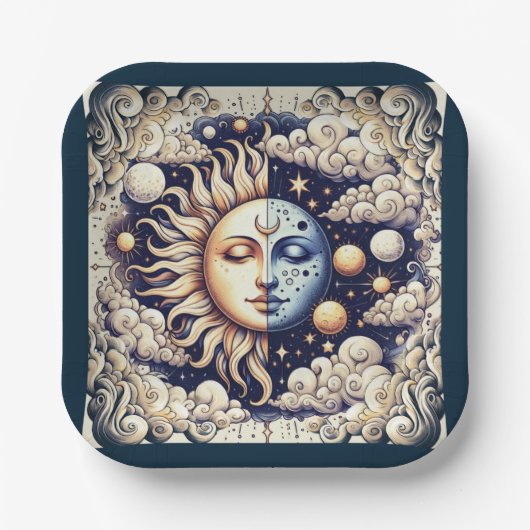  Celestial Half Sun & Moon Blue Yellow Papieren Bordje (Voorkant)
