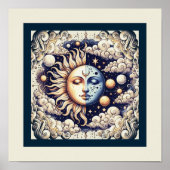  Celestial Half Sun & Moon Blue Yellow Poster (Voorkant)