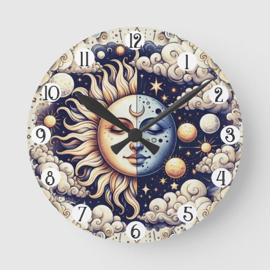 Celestial Half Sun & Moon Blue Yellow Ronde Klok (Voorkant)