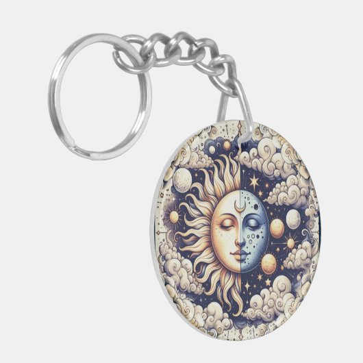 Celestial Half Sun & Moon Blue Yellow Sleutelhanger (Voorkant Links)