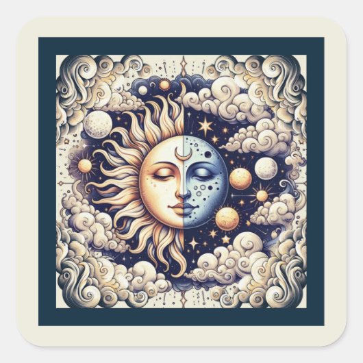  Celestial Half Sun & Moon Blue Yellow Vierkante Sticker (Voorkant)