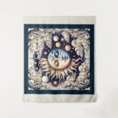 Celestial Half Sun & Moon Blue Yellow Wandkleed (Voorkant)