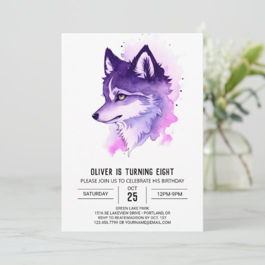 Celestial Howl: Wolf verjaardag Kaart (Staand voorkant)