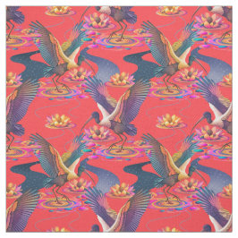 Celestial Ibis en Lily Pond op Coral Red Stof