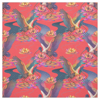 Celestial Ibis en Lily Pond op Coral Red Stof