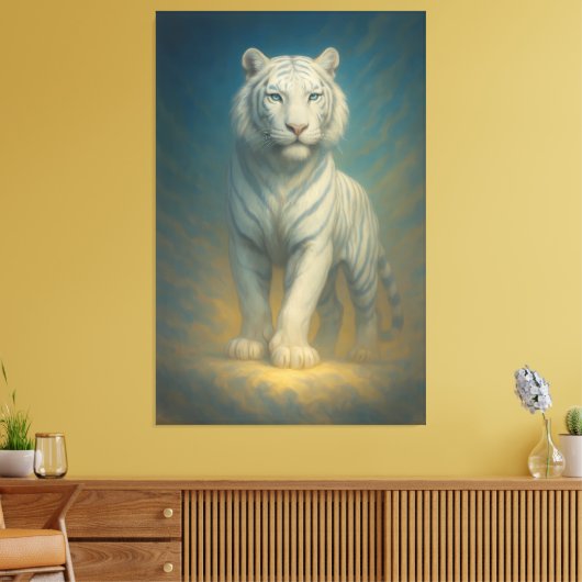 Celestial Ice-Aura White Tiger – Frostlight Divine Canvas Afdruk (Insitu (Woonkamer))