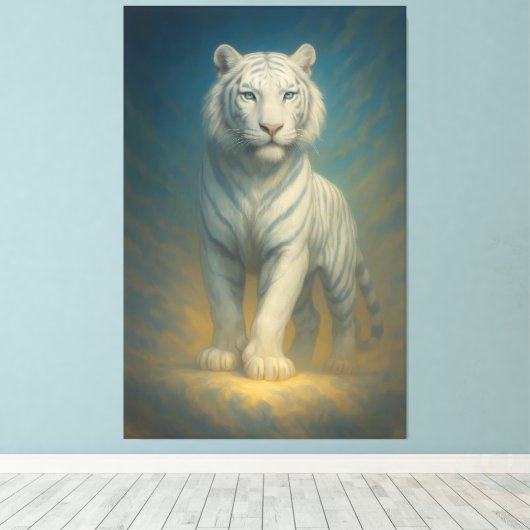 Celestial Ice-Aura White Tiger – Frostlight Divine Canvas Afdruk (Insitu (Houten vloer))