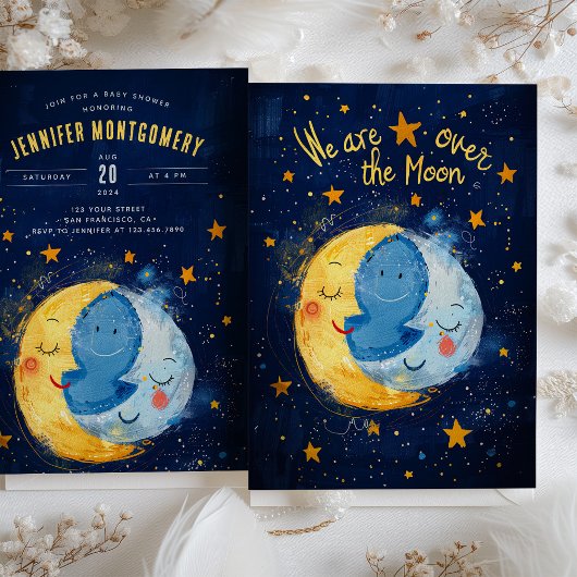 Celestial Joy: Over the Moon Baby shower Kaart