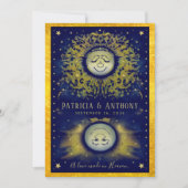 Celestial Love Navy & Gold Wedding Invitation Kaart (Voorkant)
