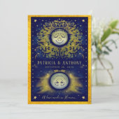 Celestial Love Navy & Gold Wedding Invitation Kaart (Staand voorkant)
