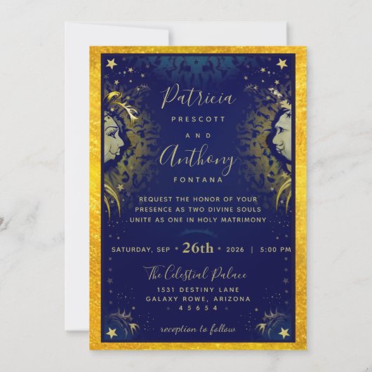 Celestial Love Navy & Gold Wedding Invitation Kaart (Achterkant)