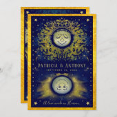 Celestial Love Navy & Gold Wedding Invitation Kaart (Voorkant / Achterkant)
